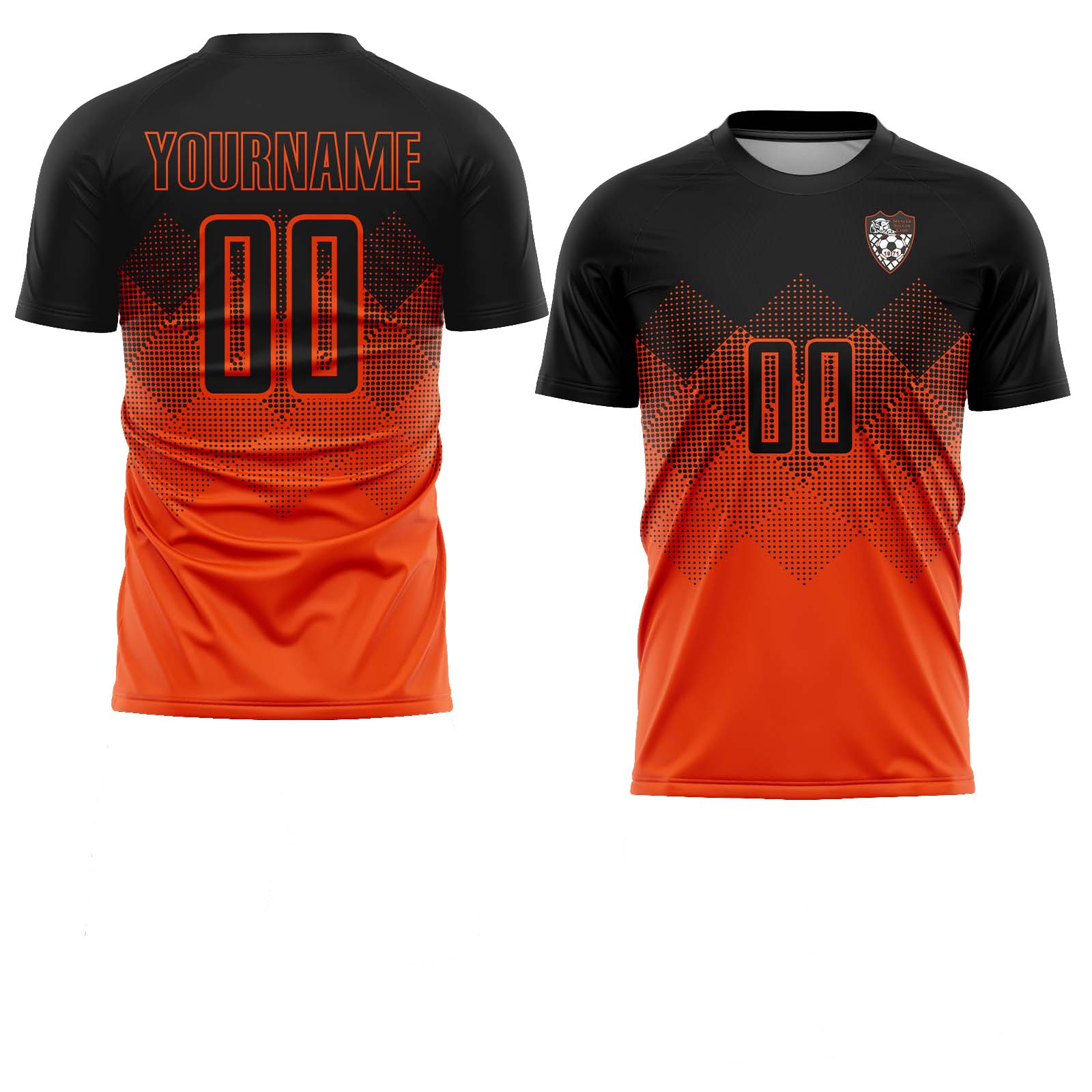 Custom Orange Black Gradient Square Shape Sublimation Spencer Soccer Club Uniform Jersey