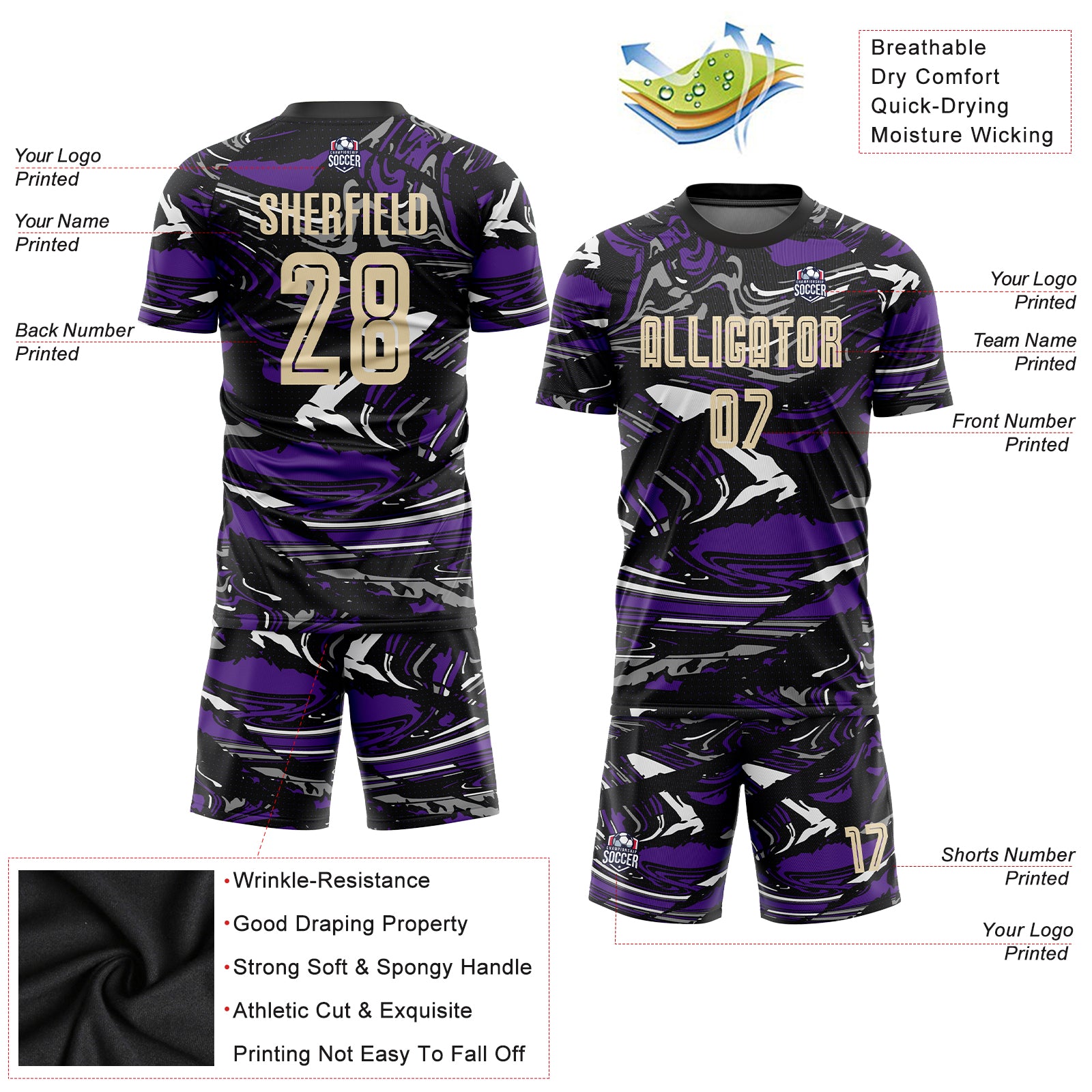 Custom Figure City Cream-Purple Sublimation Soccer Uniform Jersey
