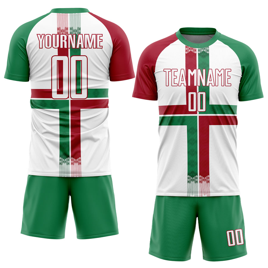 Custom White Kelly Green-Crimson Sublimation Mexico Soccer Uniform Jersey