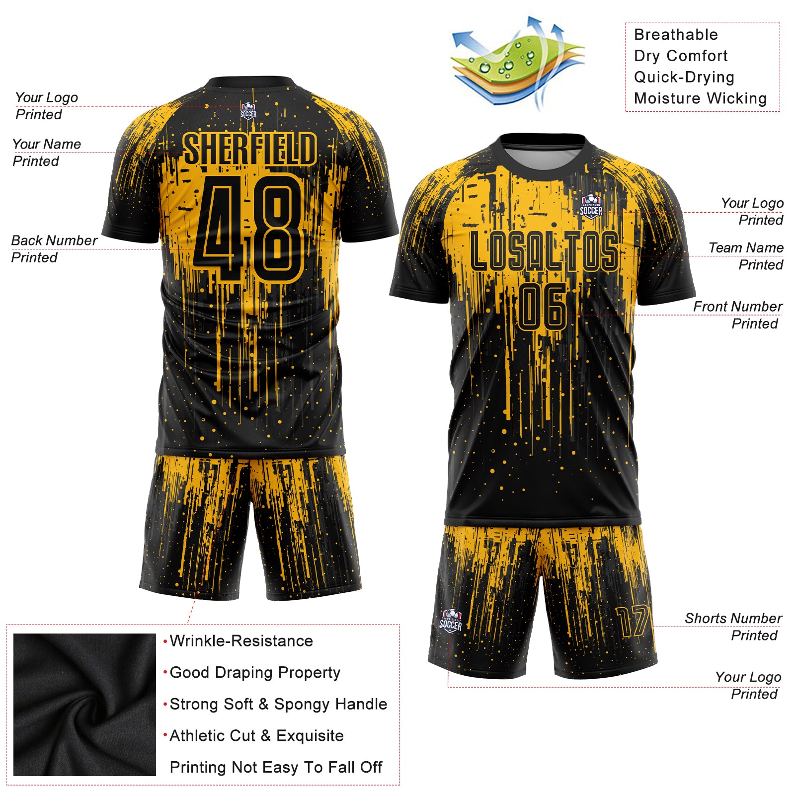 Custom Gold Black Sublimation Soccer Uniform Jersey