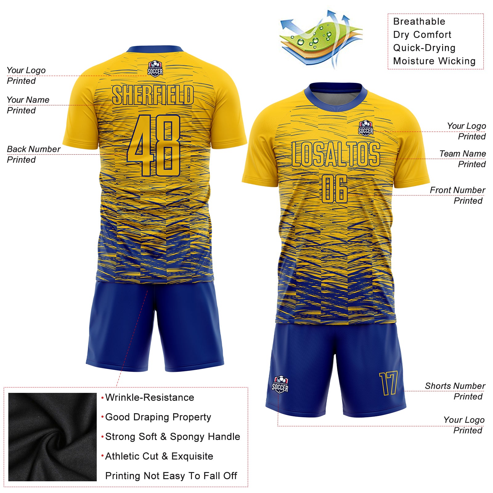 Custom Yellow Royal Sublimation Soccer Uniform Jersey