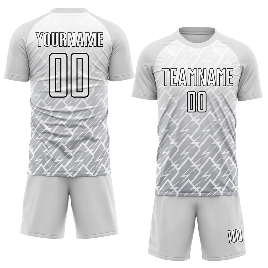 Custom White Gray-Black Lightning Sublimation Soccer Uniform Jersey