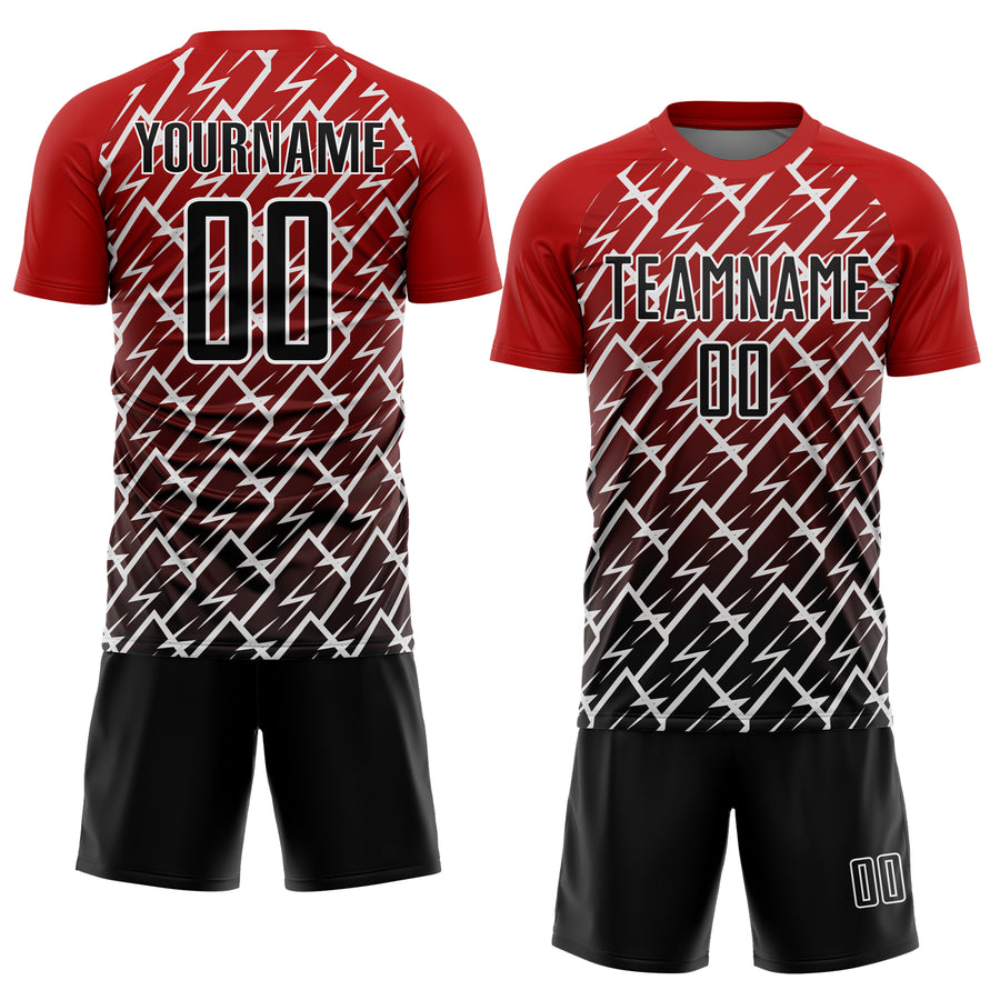 Custom Red Black-White Lightning Sublimation Soccer Uniform Jersey