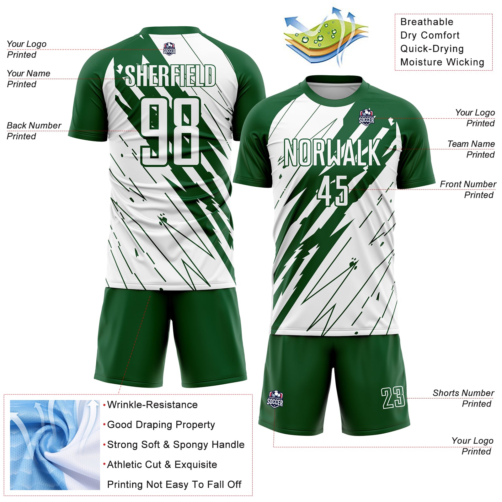 Custom Kelly Green White Sublimation Soccer Uniform Jersey