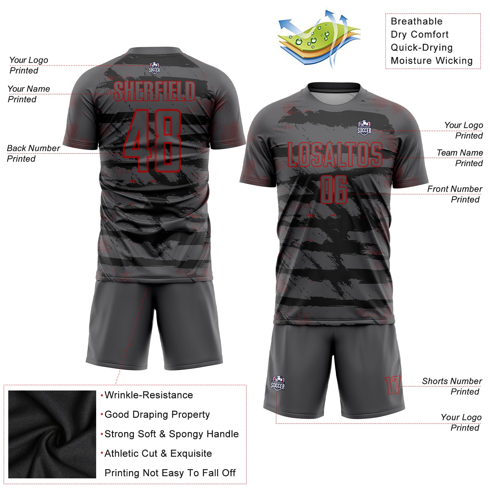 Custom Steel Gray Red Sublimation Soccer Uniform Jersey
