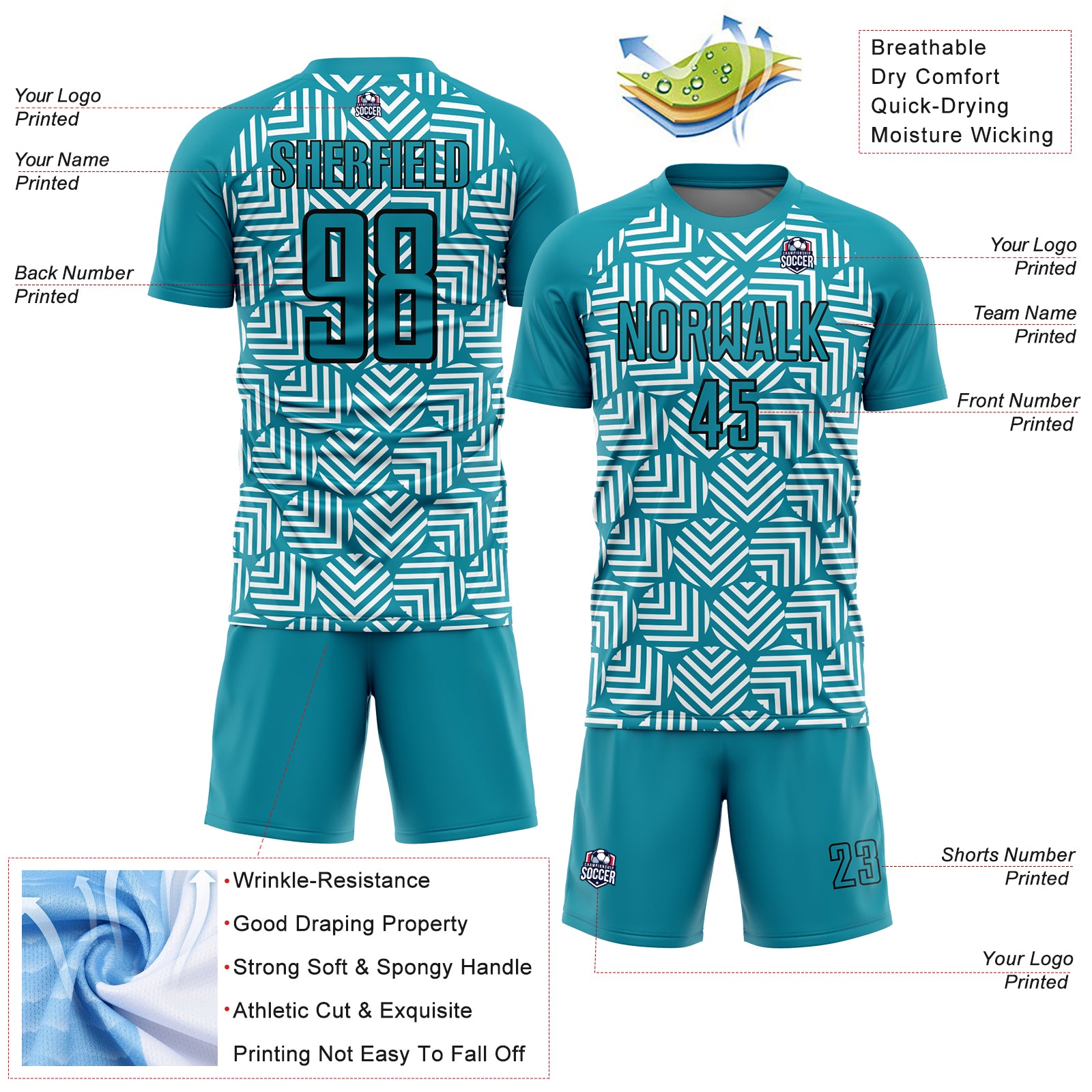 Custom Teal Black Abstract Geometric Shapes Sublimation Soccer Uniform Jersey