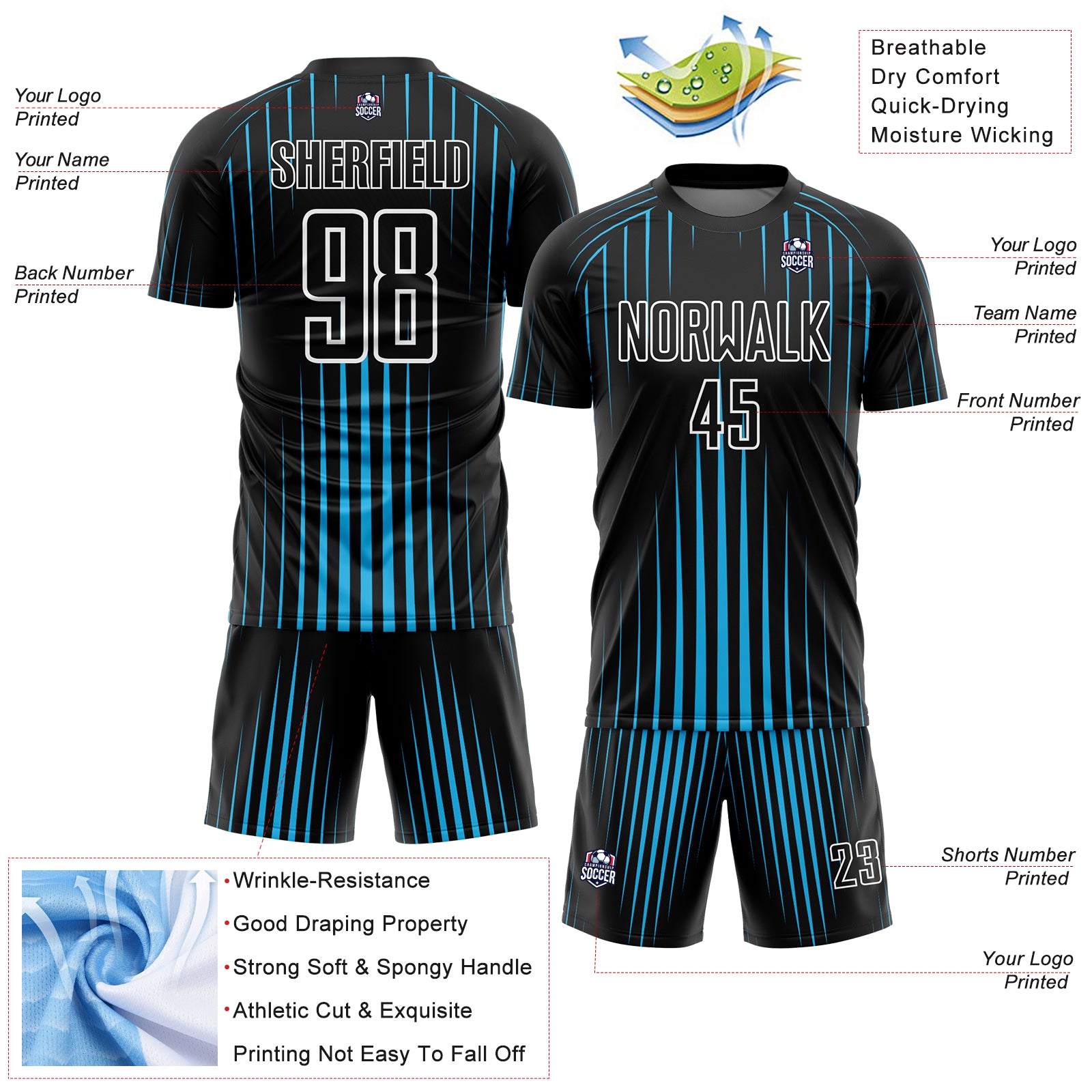 Custom Black Sky Blue-White Lines Sublimation Soccer Uniform Jersey