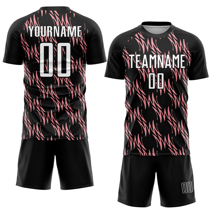Custom Black White-Medium Pink Abstract Wave Sublimation Soccer Uniform Jersey