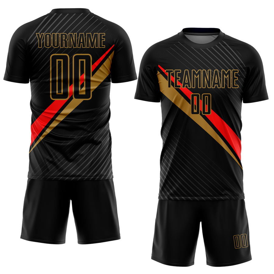 Custom Black Red-Old Gold Diagonal Lines Sublimation Soccer Uniform Jersey