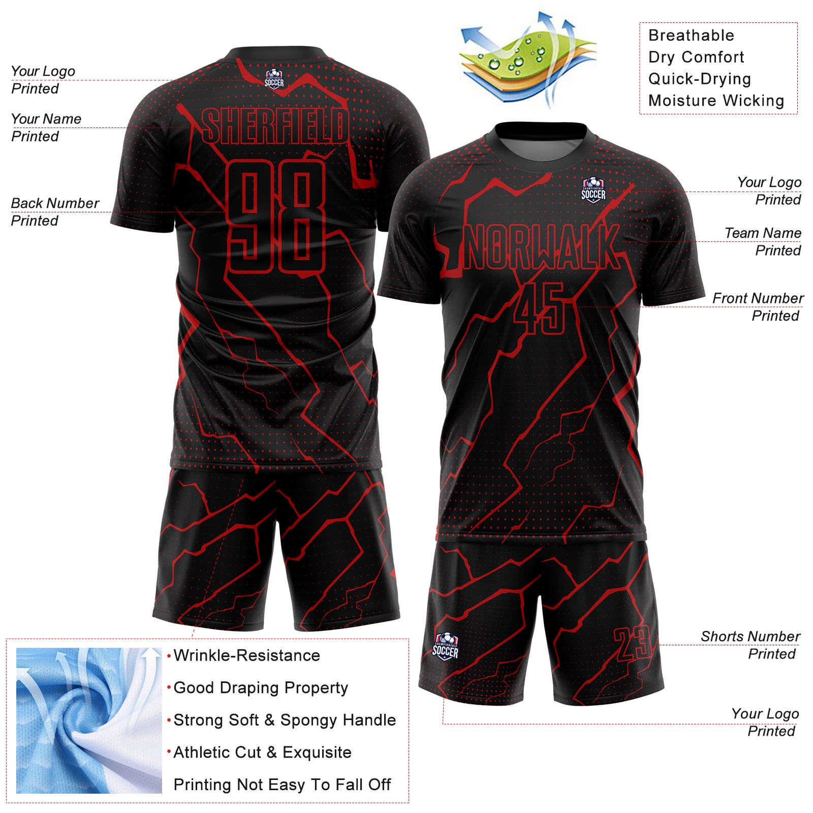 Custom Black Red Lightning Sublimation Soccer Uniform Jersey
