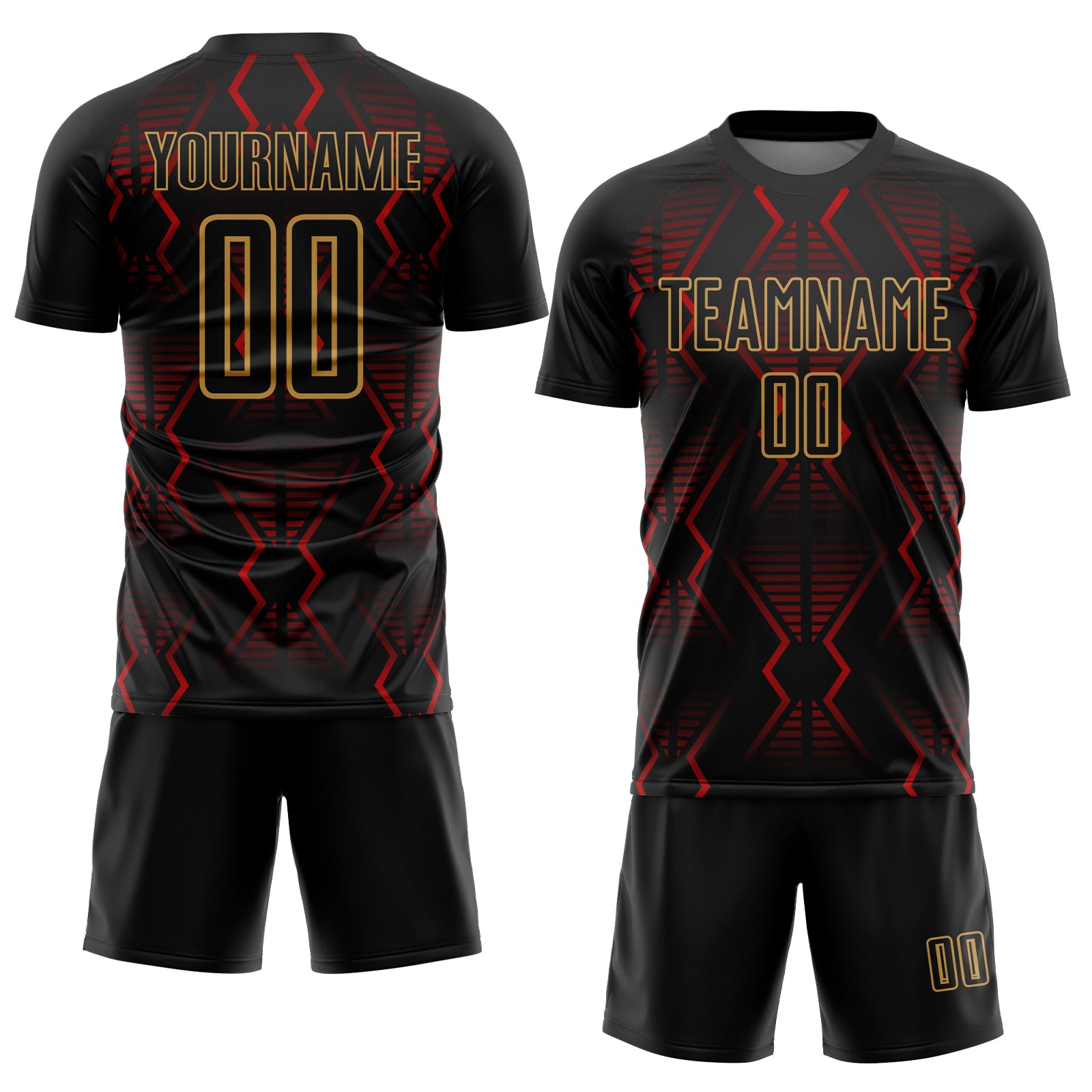 Custom Black Red-Old Gold Geometric Shapes Sublimation Soccer Uniform Jersey