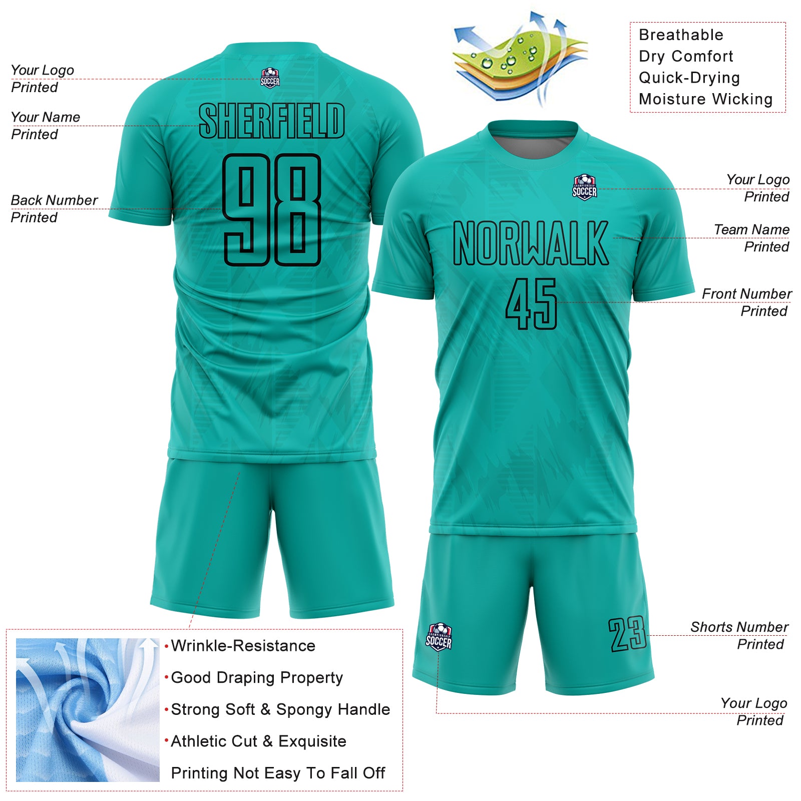 Custom Aqua Black Geometric Shapes Sublimation Soccer Uniform Jersey