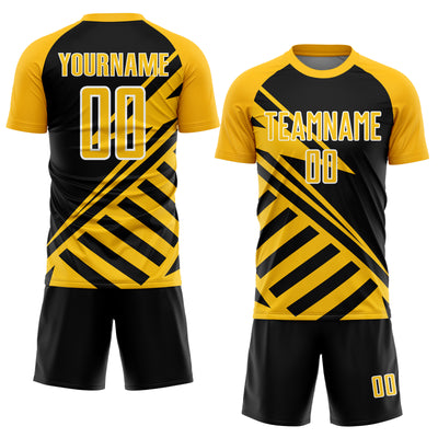 Custom Black Gold-White Lines Sublimation Soccer Uniform Jersey