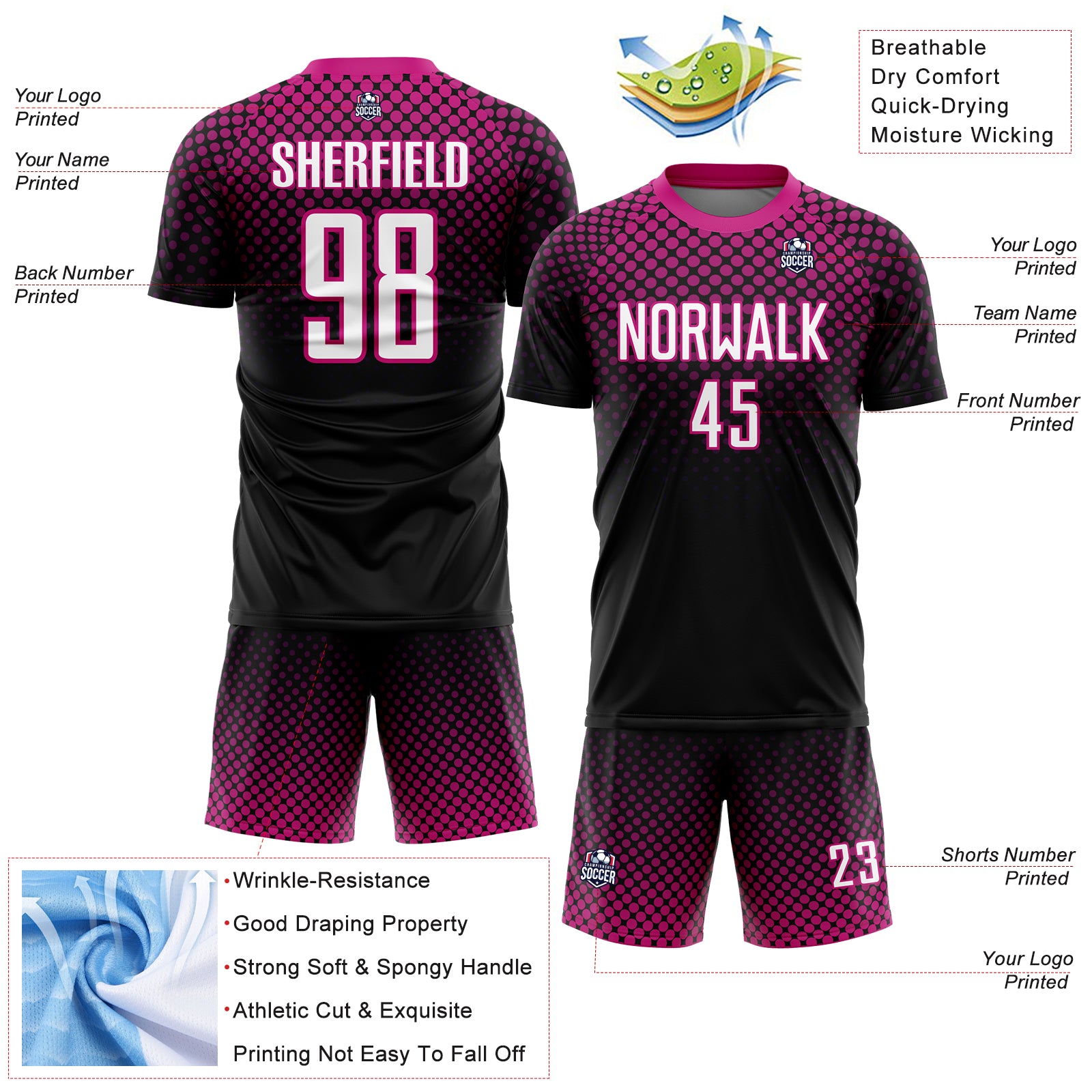Custom Black White-Deep Pink Halftone Dots Sublimation Soccer Uniform Jersey
