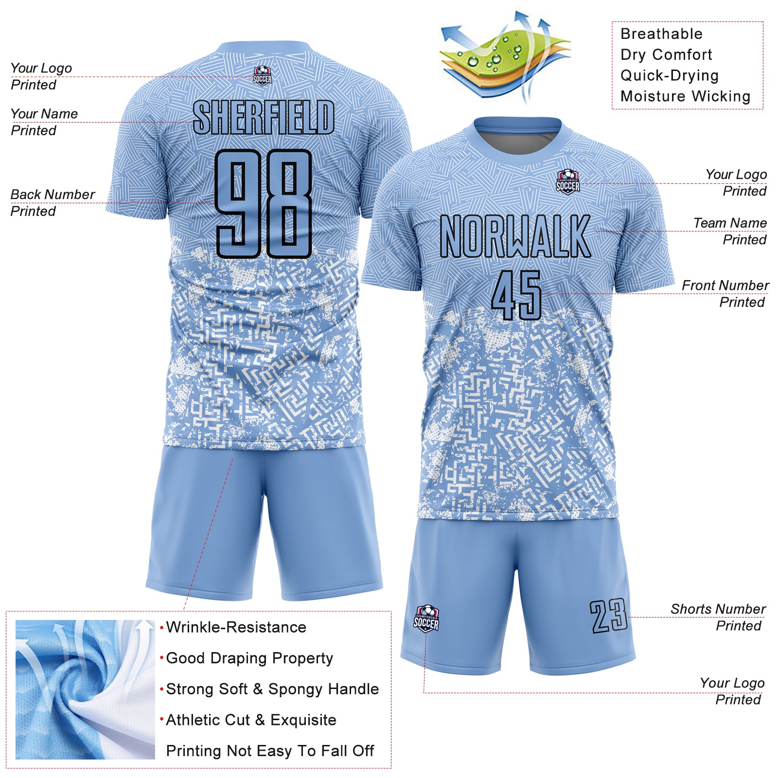 Custom Light Blue Black Geometric Shapes Sublimation Soccer Uniform Jersey