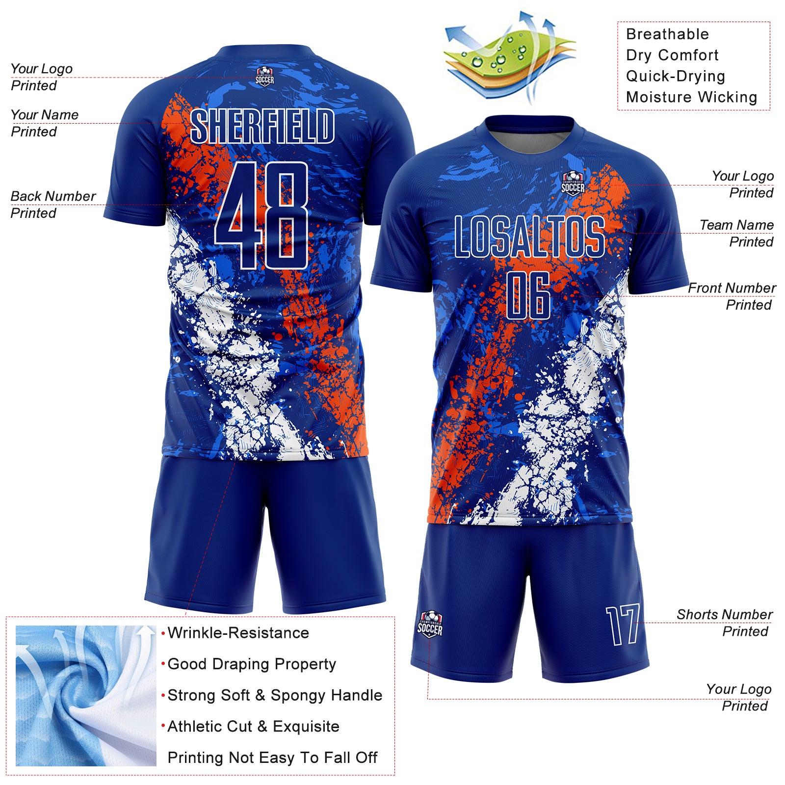 Custom Royal Orange-White Dripping Splatter Art Sublimation Soccer Uniform Jersey