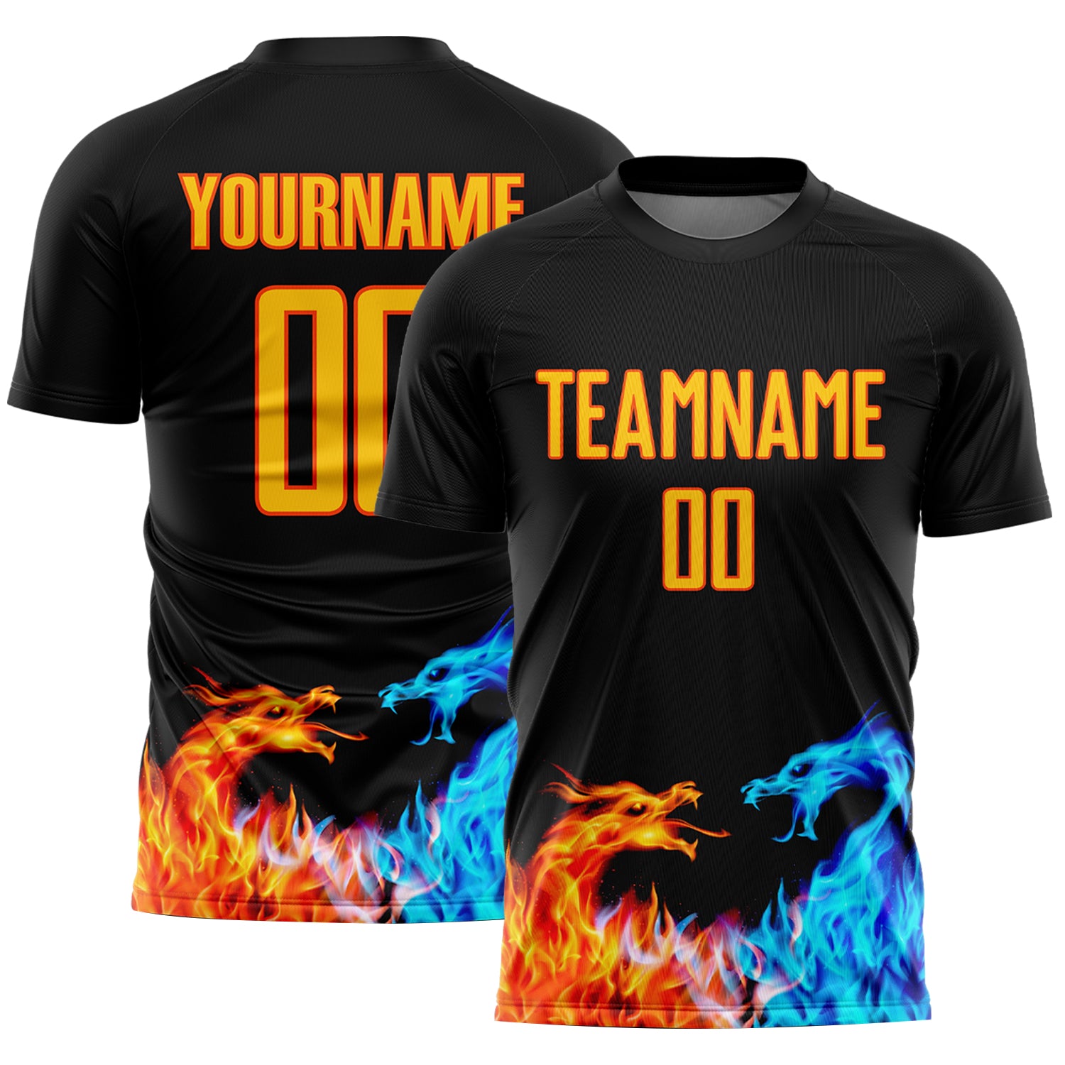 ウェア bott Flame Soccer Shirt Custom Black Soccer Uniform Jersey Yellow-Orange Dragon Flame