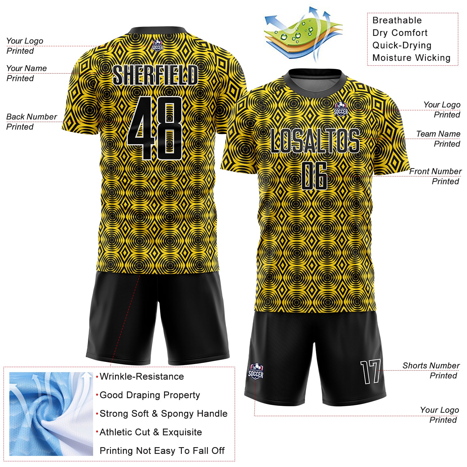 Custom Yellow Black-White Geometric Shapes Sublimation Soccer Uniform Jersey