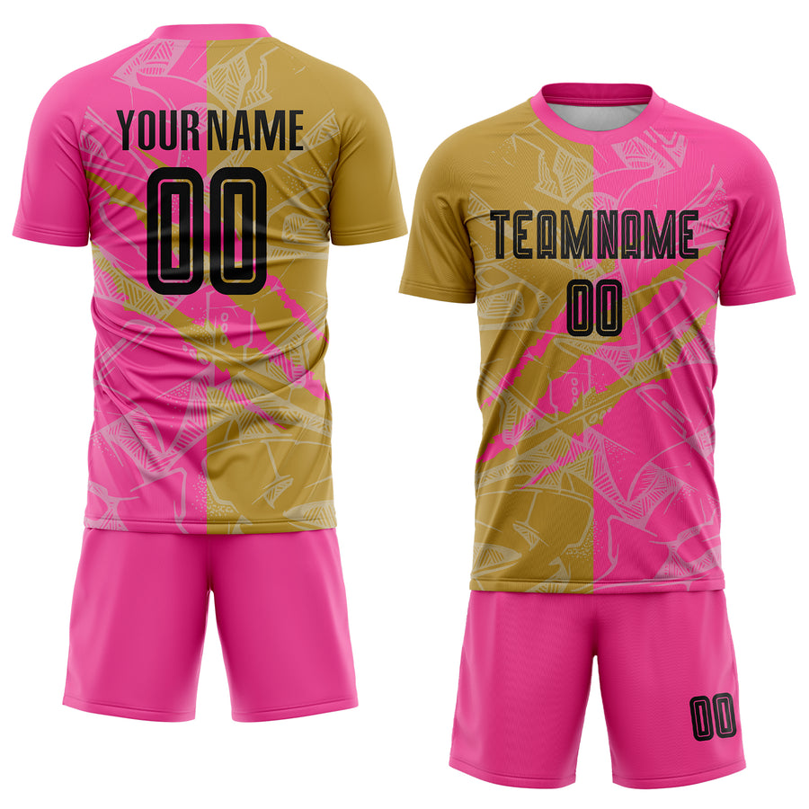 Custom Graffiti Pattern Black Old Gold-Pink Scratch Sublimation Soccer Uniform Jersey