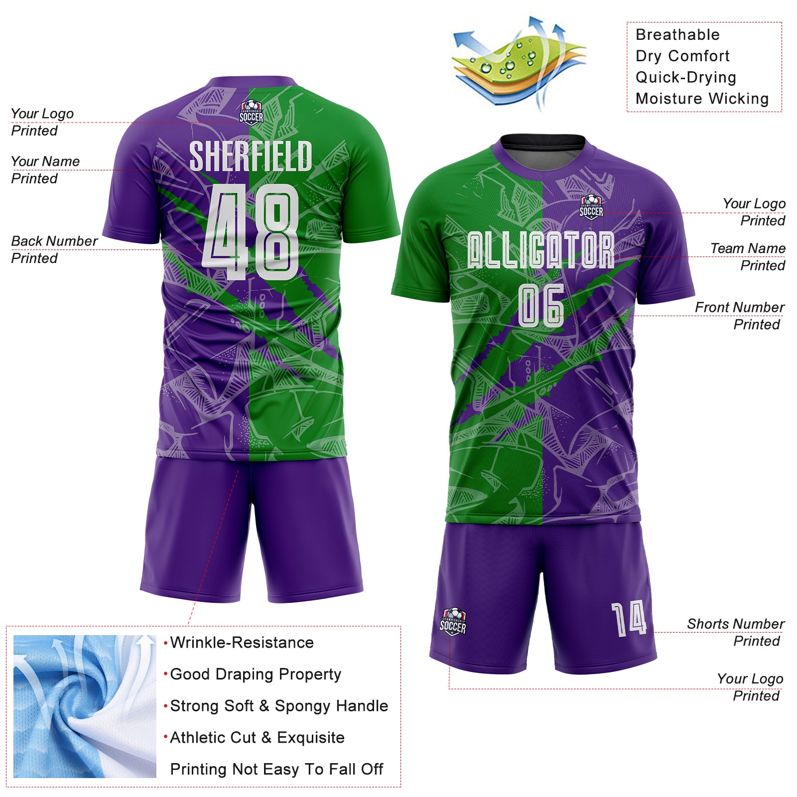 Custom Graffiti Pattern Grass Green-Purple Scratch Sublimation Soccer Uniform Jersey