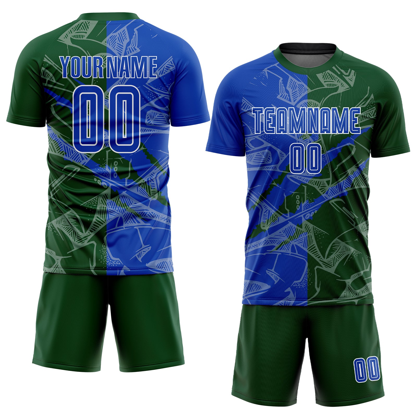 Custom Graffiti Pattern Thunder Blue-Green Scratch Sublimation Soccer Uniform Jersey