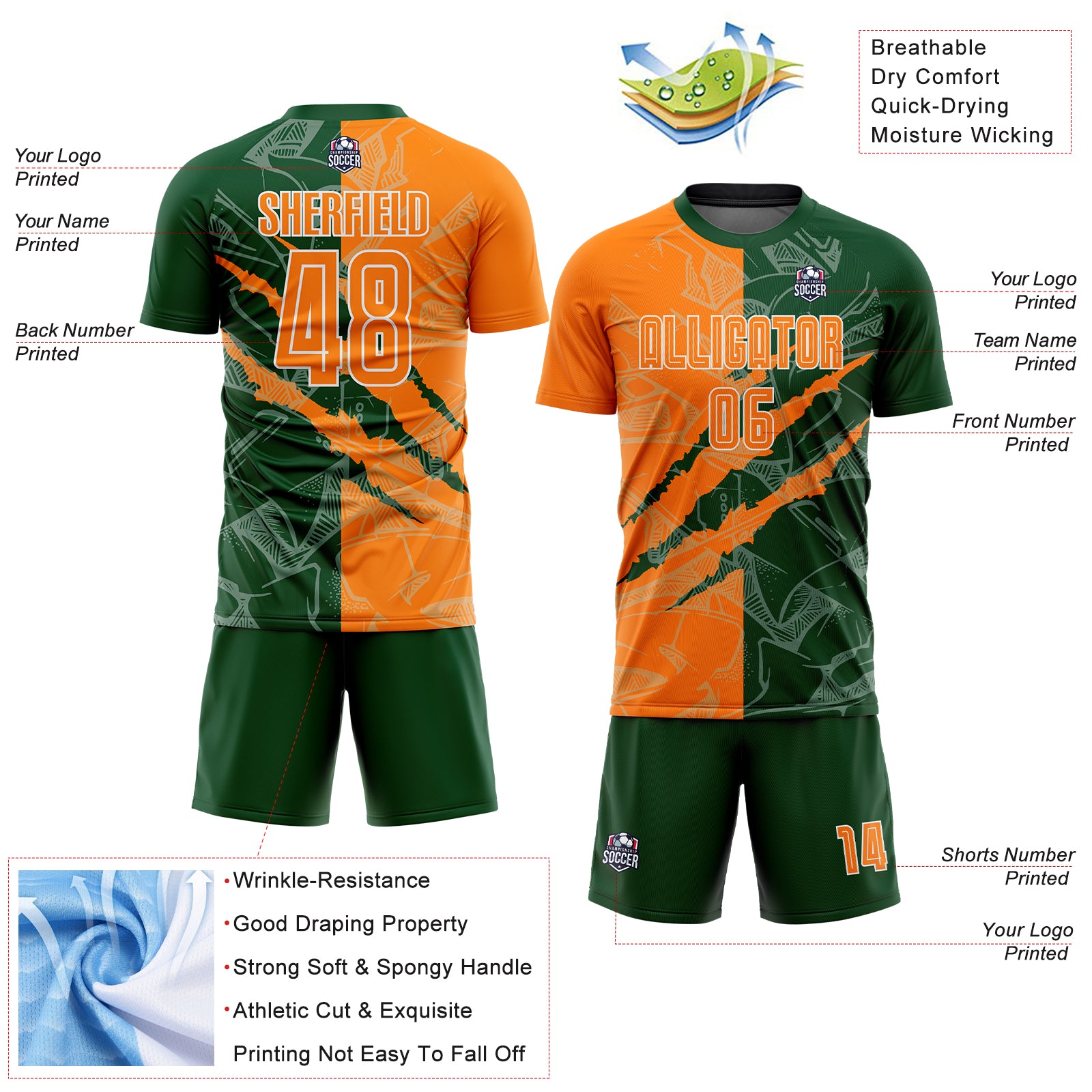 Custom Graffiti Pattern Bay Orange-Green Scratch Sublimation Soccer Uniform Jersey