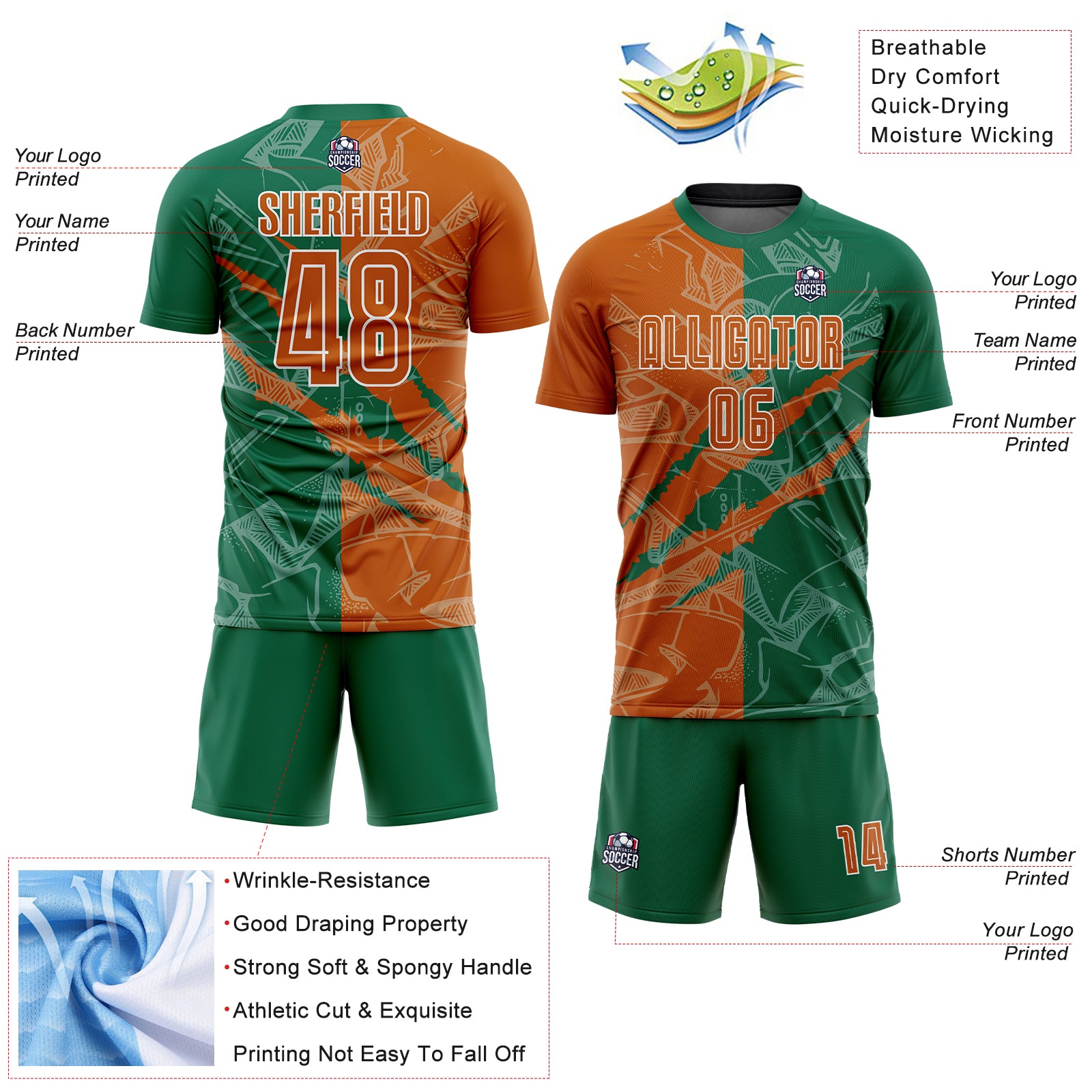 Custom Graffiti Pattern Texas Orange-Kelly Green Scratch Sublimation Soccer Uniform Jersey