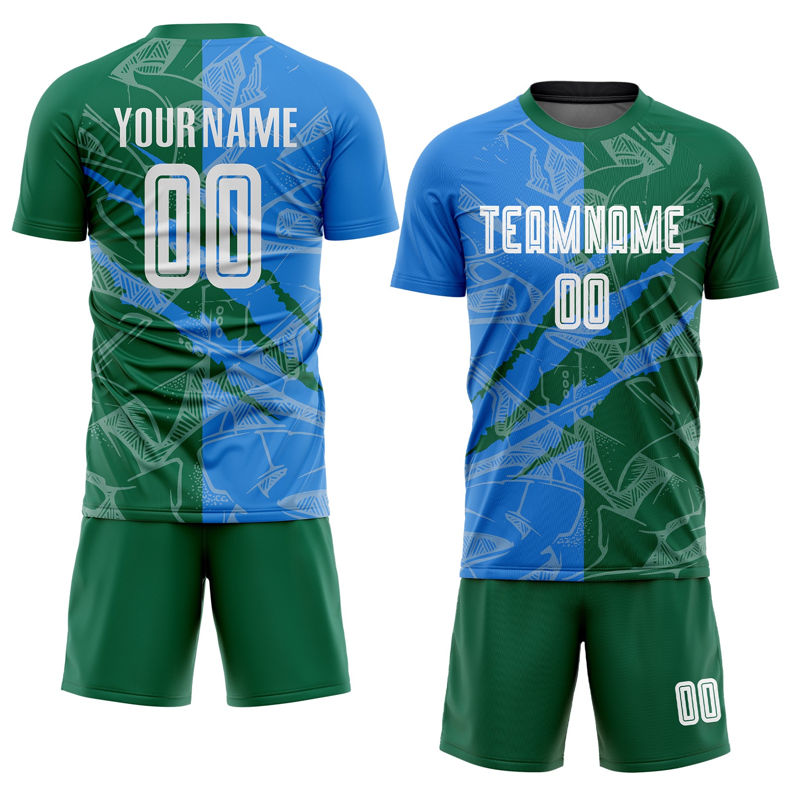 Custom Graffiti Pattern Powder Blue-Kelly Green Scratch Sublimation Soccer Uniform Jersey
