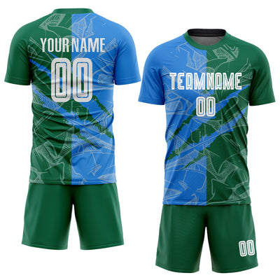 Custom Graffiti Pattern Powder Blue-Kelly Green Scratch Sublimation Soccer Uniform Jersey
