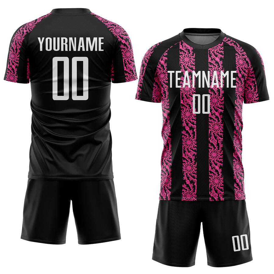 Custom Black White-Pink Abstract Shape Sublimation Soccer Uniform Jersey