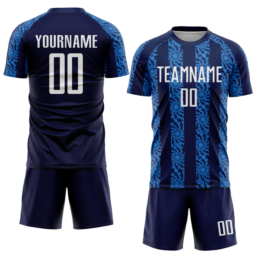 Custom Navy White-Powder Blue Abstract Shape Sublimation Soccer Uniform Jersey