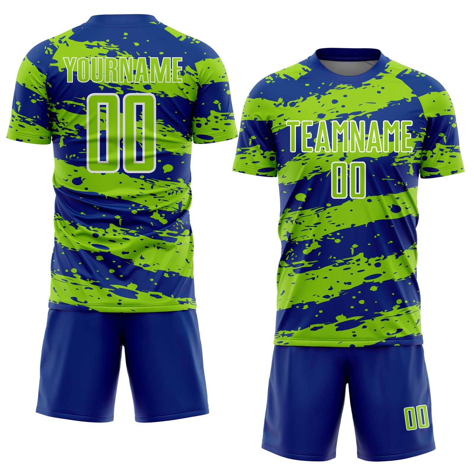 Custom Royal Neon Green-White Splash Sublimation Soccer Uniform Jersey