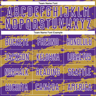 Custom Purple Old Gold-White Splash Sublimation Soccer Uniform Jersey