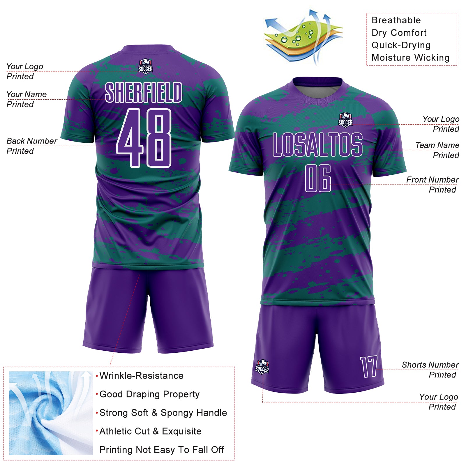 Custom Purple Teal-White Splash Sublimation Soccer Uniform Jersey
