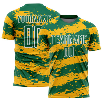 Custom Kelly Green Gold-White Splash Sublimation Soccer Uniform Jersey