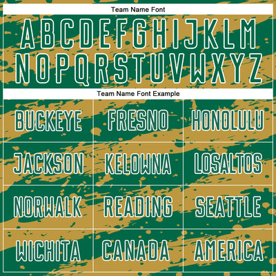 Custom Kelly Green Old Gold-White Splash Sublimation Soccer Uniform Jersey