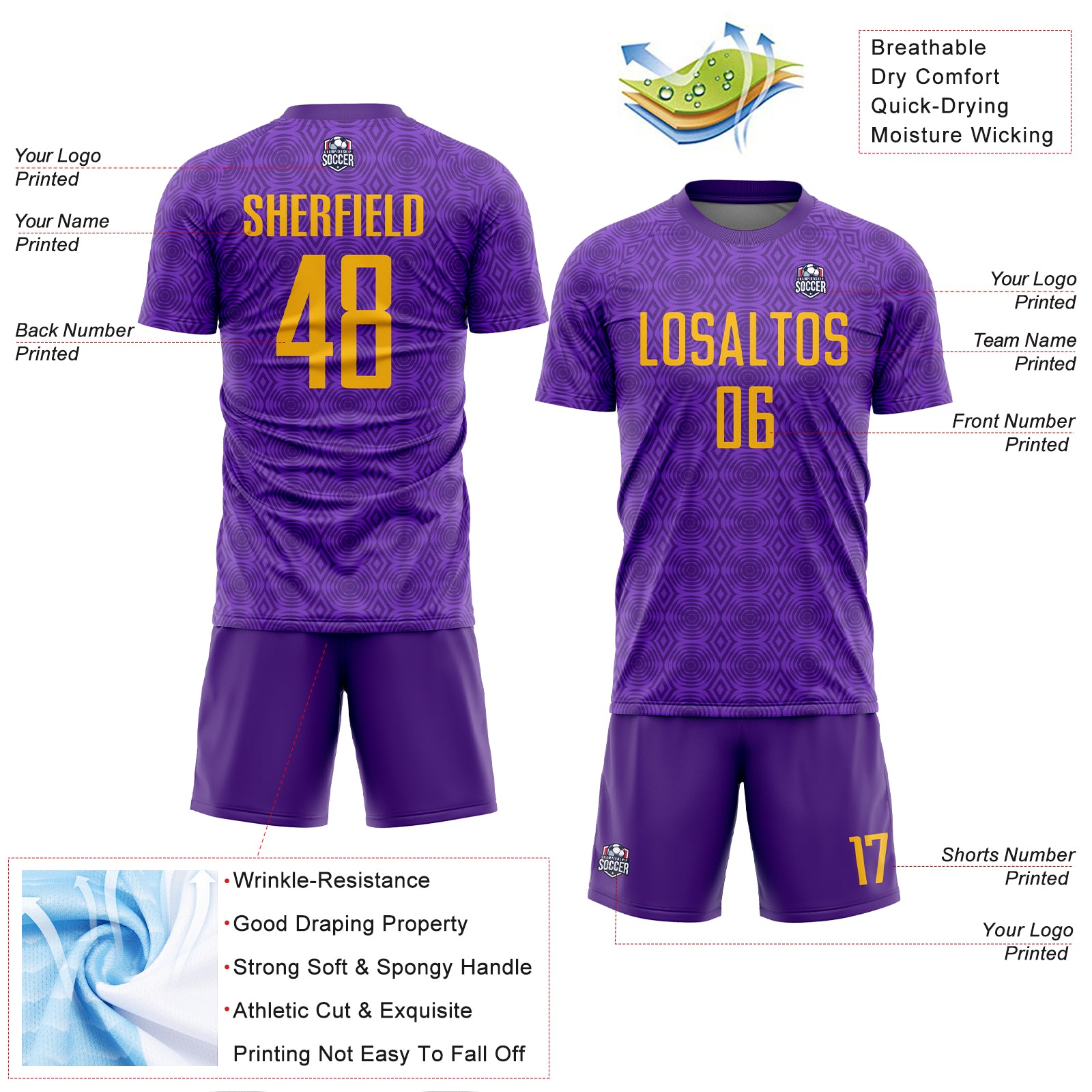 Custom Purple Gold Geometric Shapes Sublimation Soccer Uniform Jersey