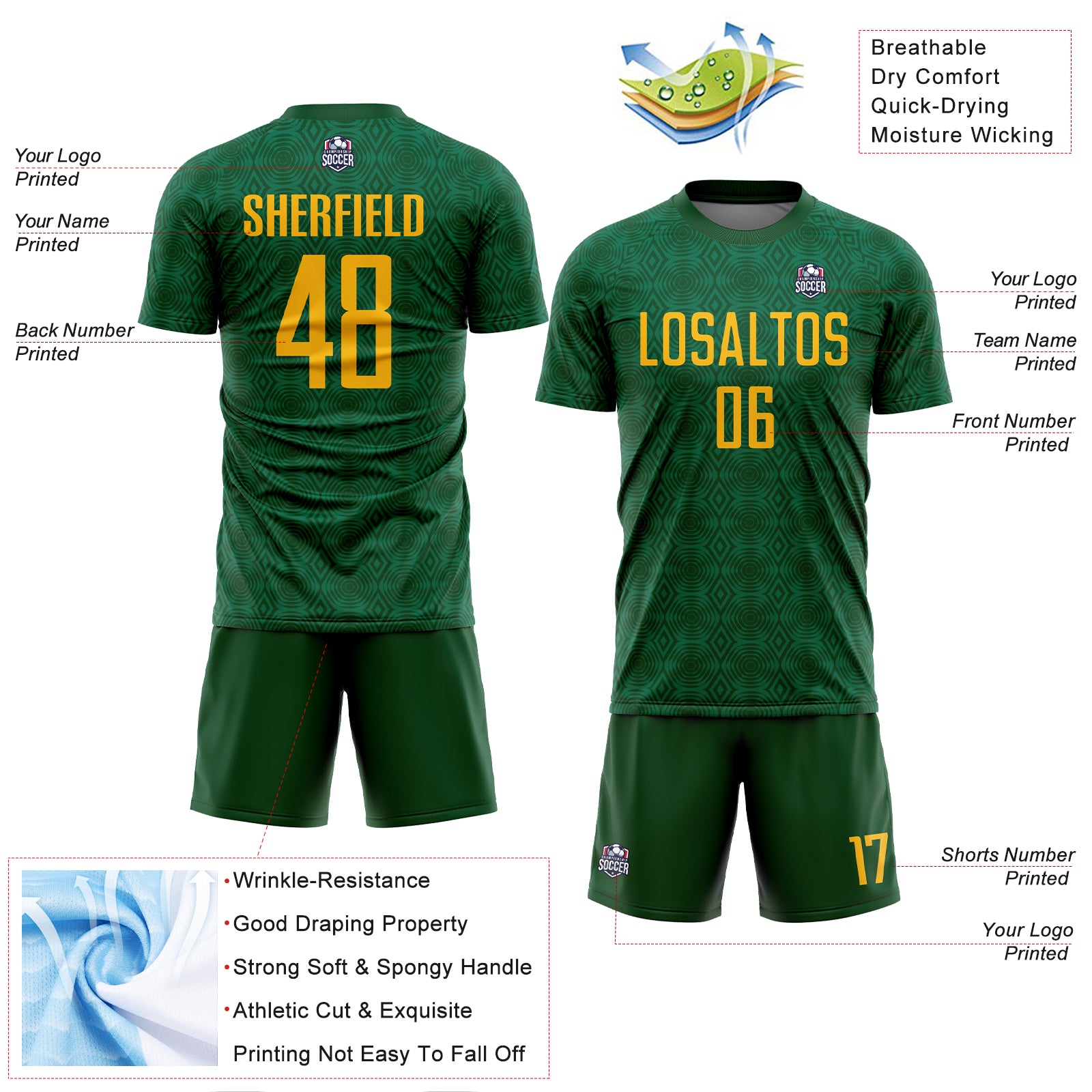 Custom Green Gold-Kelly Green Geometric Shapes Sublimation Soccer Uniform Jersey