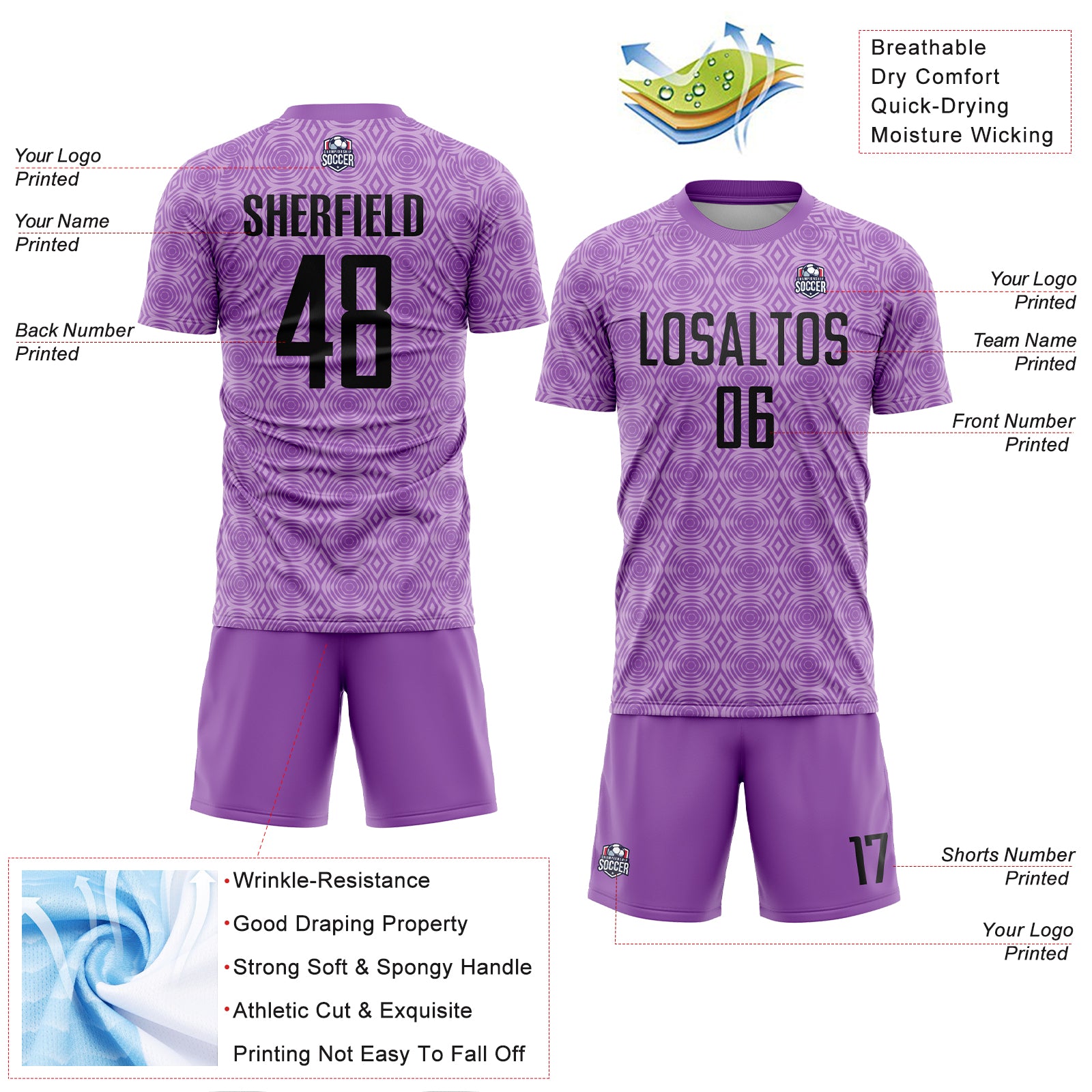 Custom Medium Purple Black-Light Purple Geometric Shapes Sublimation Soccer Uniform Jersey
