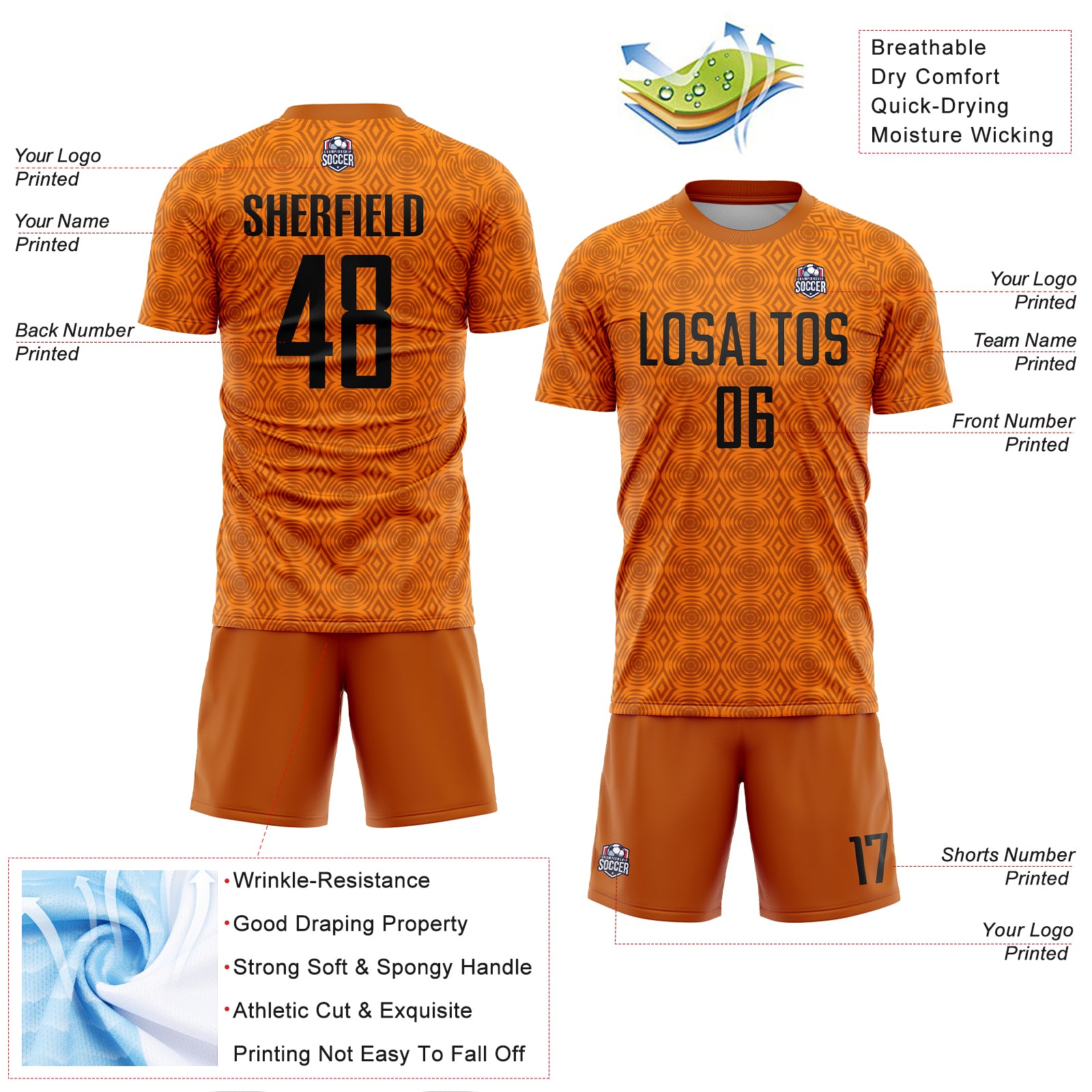 Custom Texas Orange Black-Bay Orange Geometric Shapes Sublimation Soccer Uniform Jersey