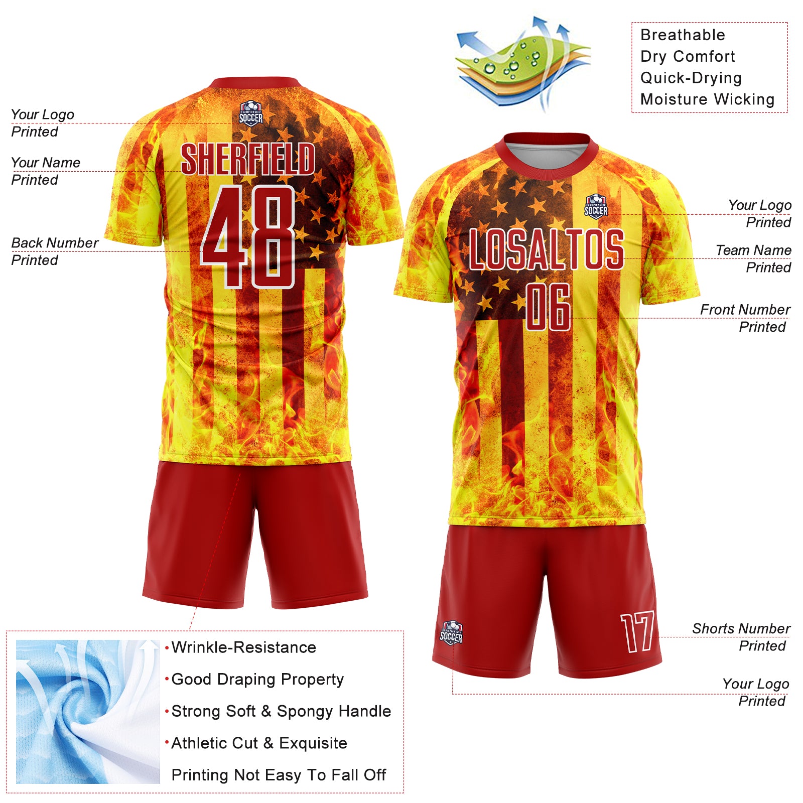 Custom Light Yellow Red-White American Flag Flame Sublimation Soccer Uniform Jersey