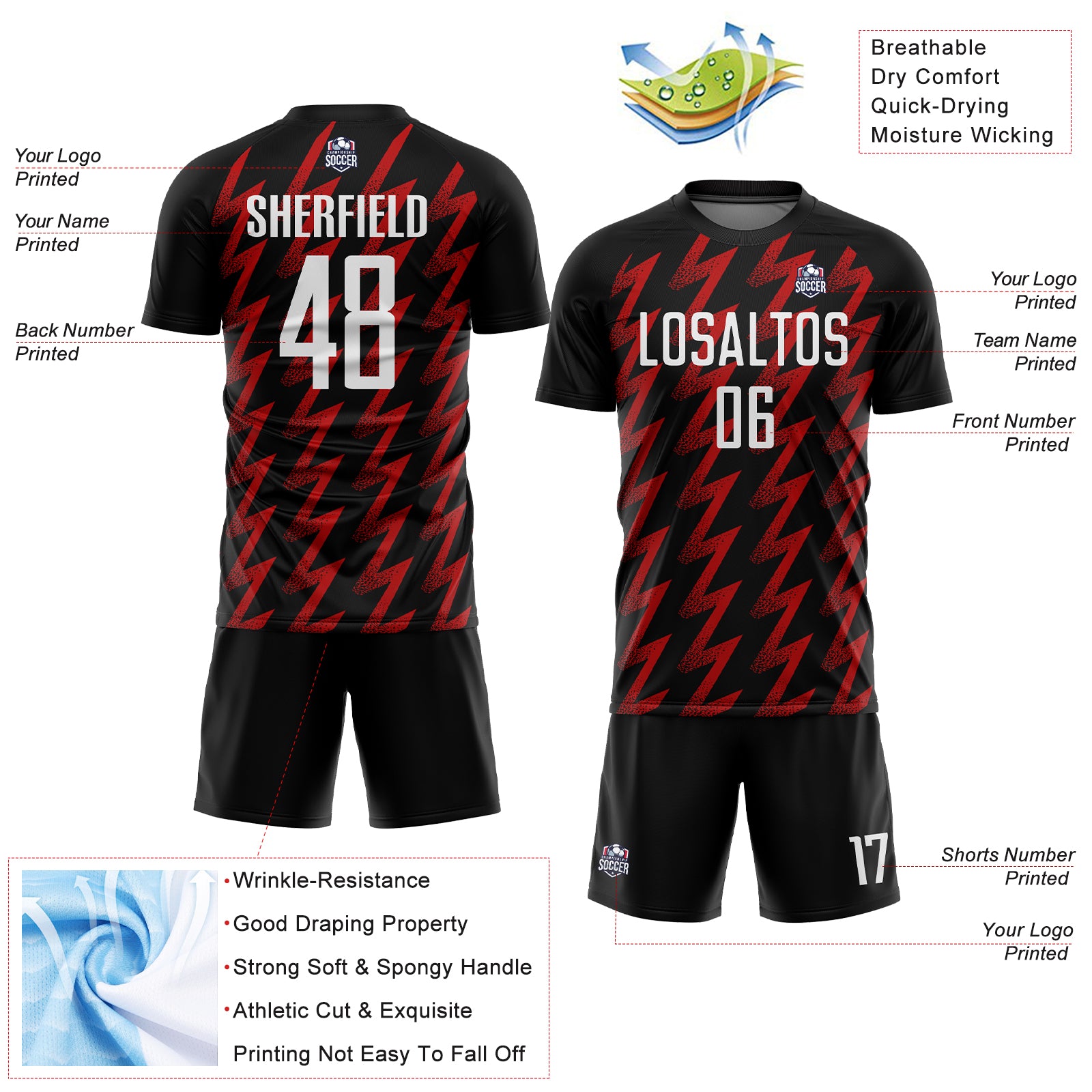 Custom Black White-Red Zigzag Shape Sublimation Soccer Uniform Jersey