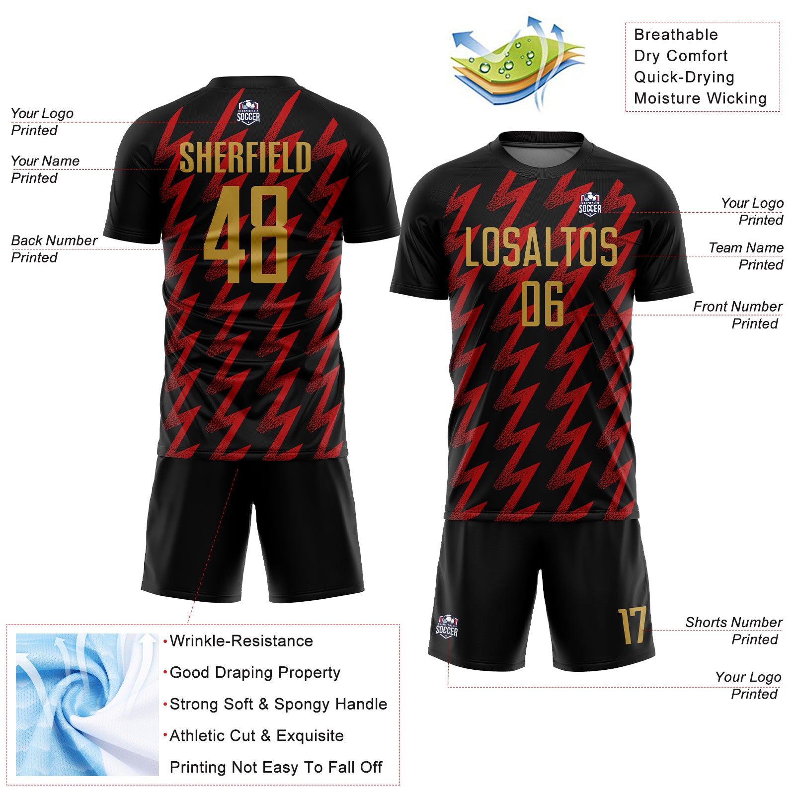 Custom Black Old Gold-Red Zigzag Shape Sublimation Soccer Uniform Jersey