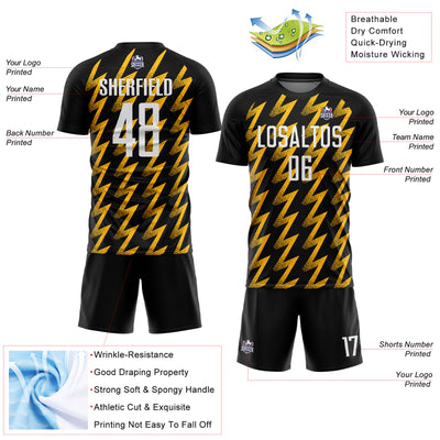 Custom Black White-Gold Zigzag Shape Sublimation Soccer Uniform Jersey