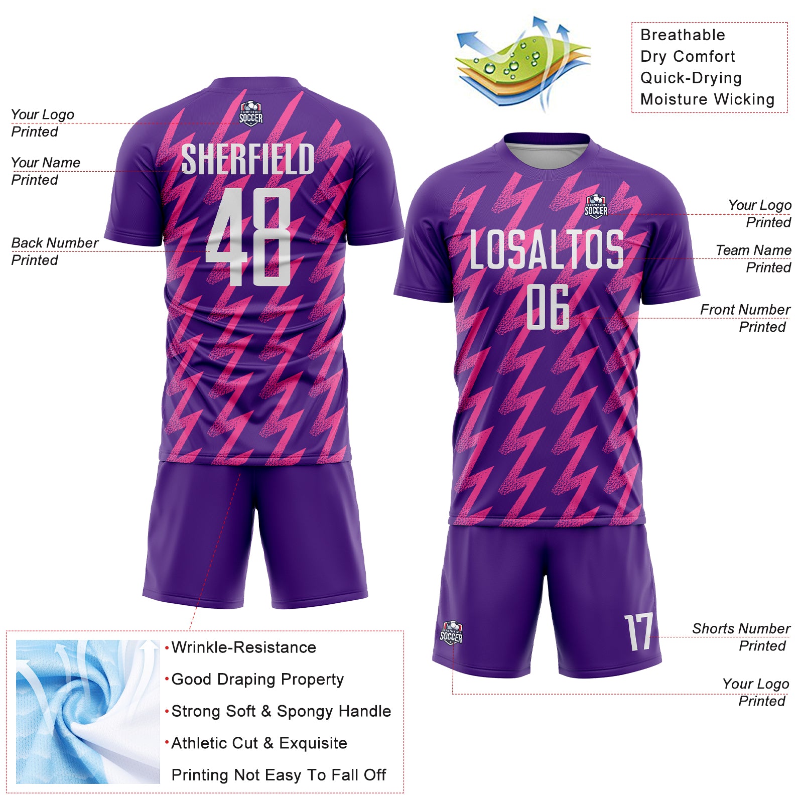 Custom Purple White-Pink Zigzag Shape Sublimation Soccer Uniform Jersey