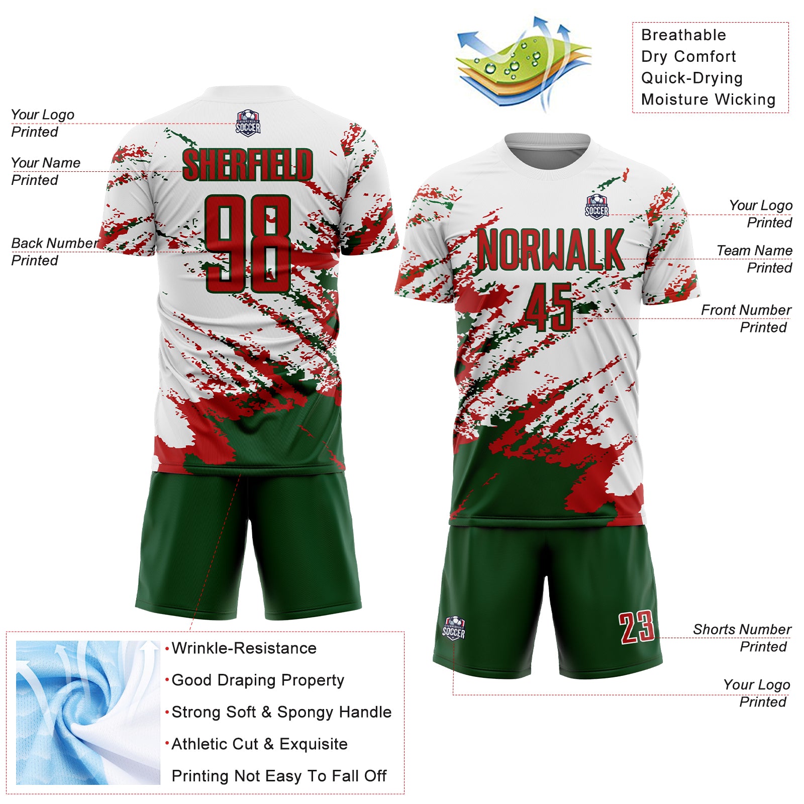 Custom White Red-Green Abstract Fragment Art Splash Sublimation Soccer Uniform Jersey