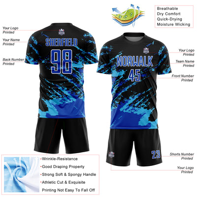 Custom Black Thunder Blue-Sky Blue Abstract Fragment Art Splash Sublimation Soccer Uniform Jersey