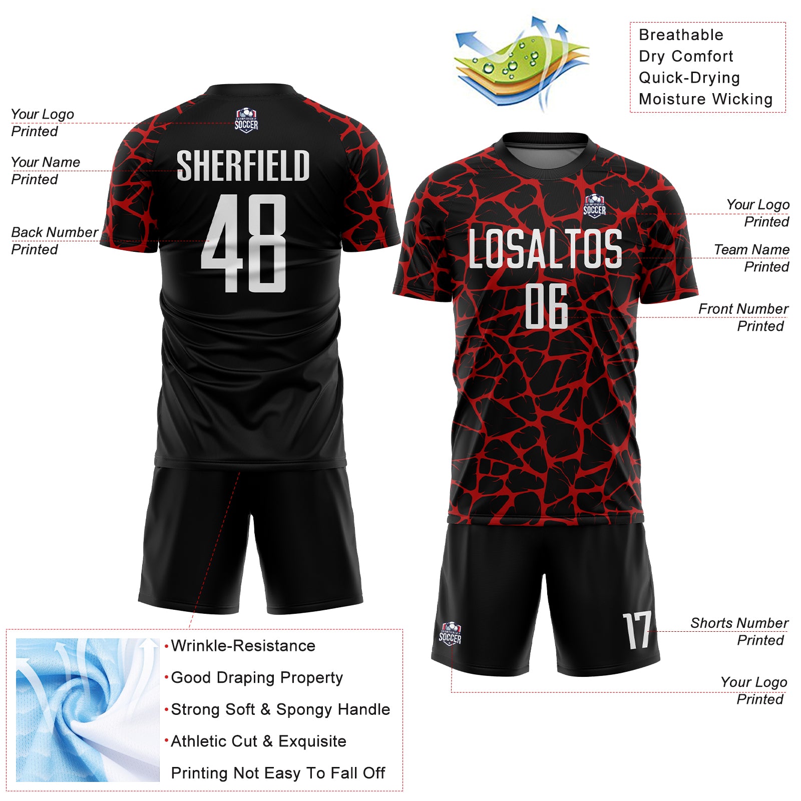 Custom Black White-Red Abstract Network Splash Sublimation Soccer Uniform Jersey