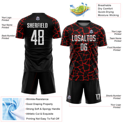 Custom Black White-Red Abstract Network Splash Sublimation Soccer Uniform Jersey