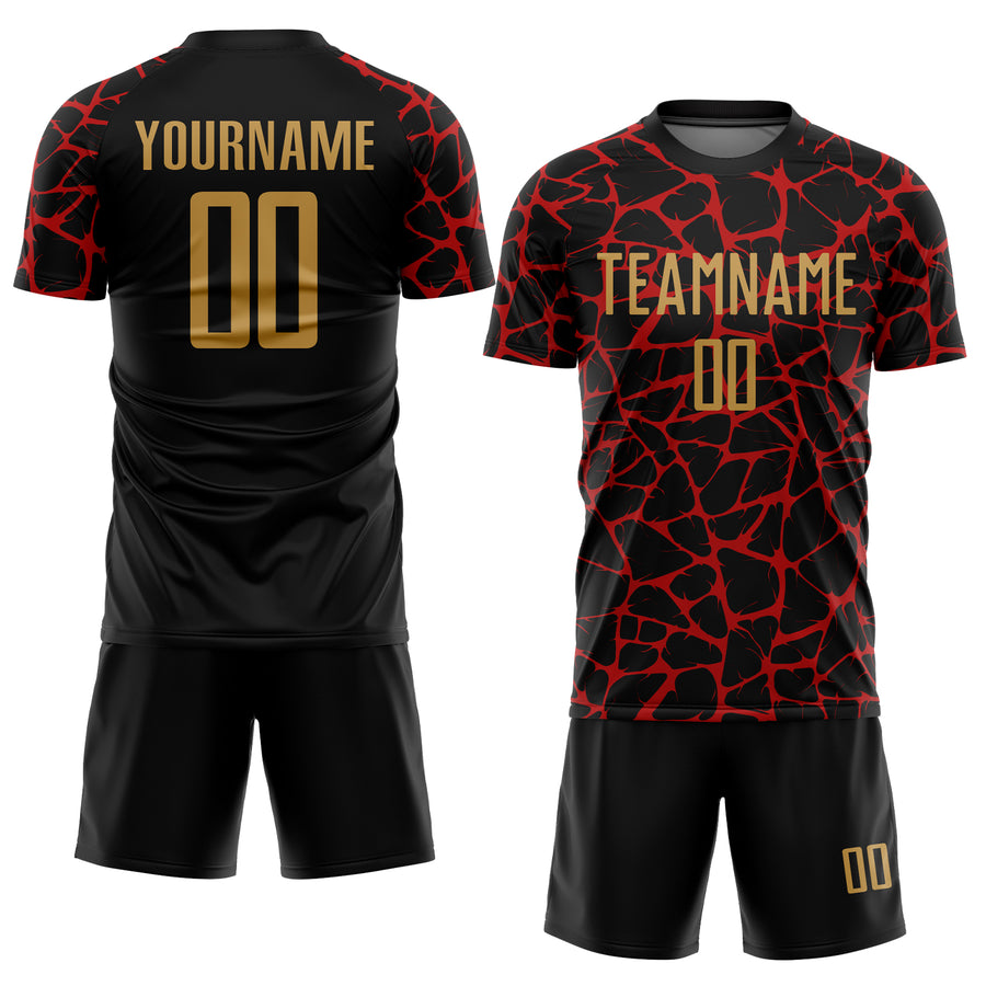 Custom Black Old Gold-Red Abstract Network Splash Sublimation Soccer Uniform Jersey